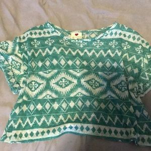 Sea foam green and white aztec print crop tee